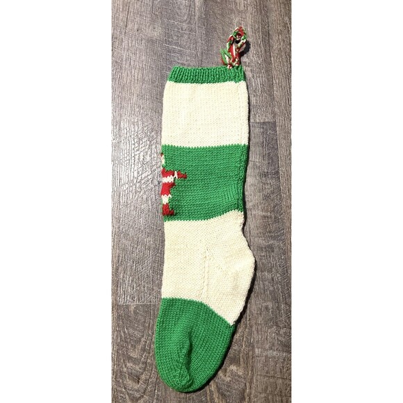 VINTAGE Hand Knit Knitted Christmas Stocking Angora Hair Santa Green White MCM - Picture 4 of 7